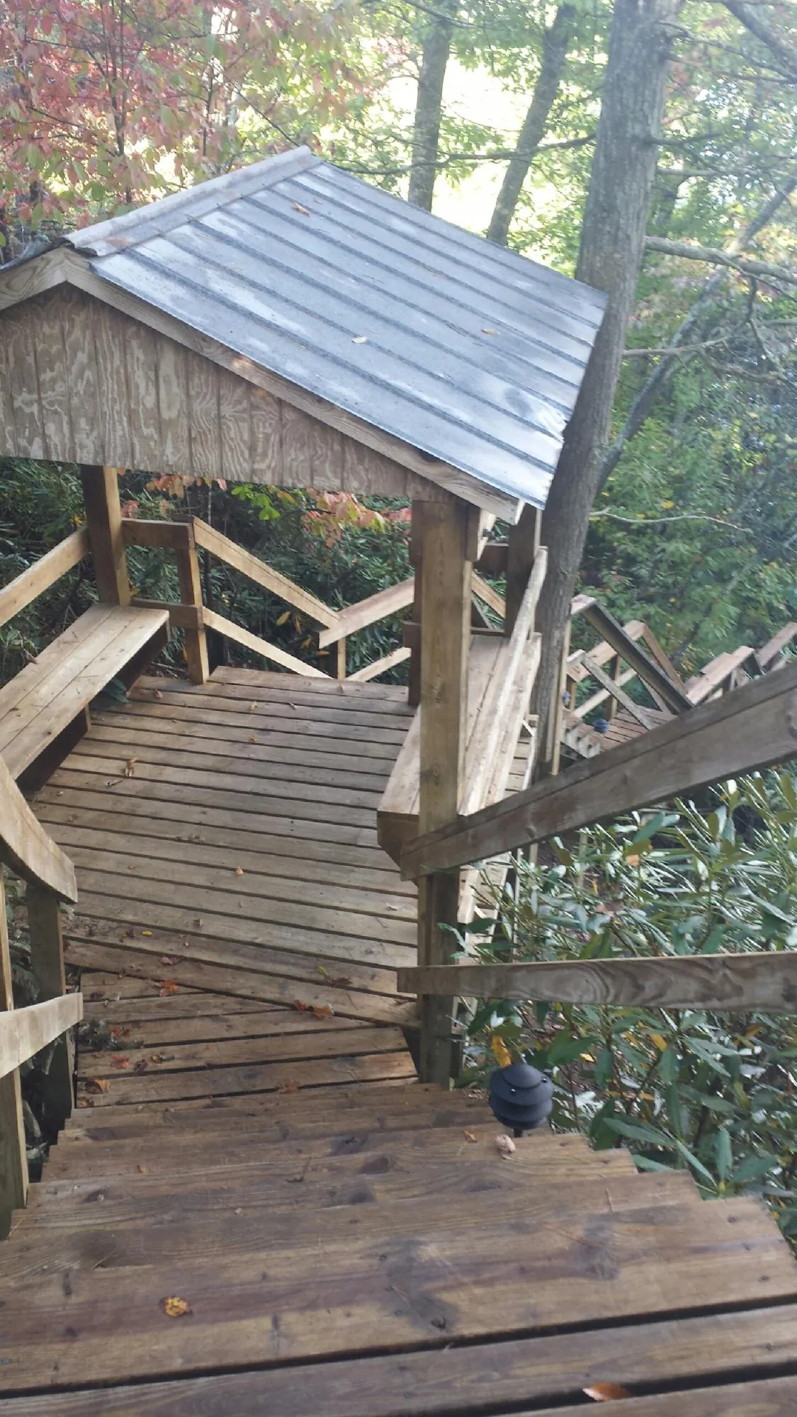 Metal roofed shelter over wooden steps on a wooded walkway — Skylight Repair & Installation work by our crew in Picture Rocks
